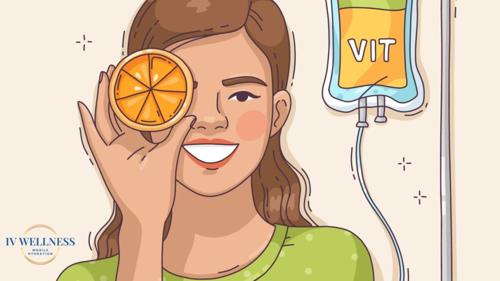 A woman holding an orange in front of her eye.